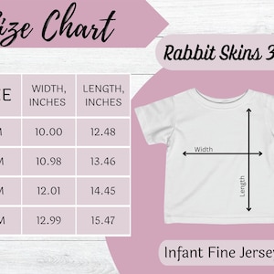 May include: Size chart for infant fine jersey tees from Rabbit Skins, showing measurements in inches for sizes 6M, 12M, 18M, and 24M.