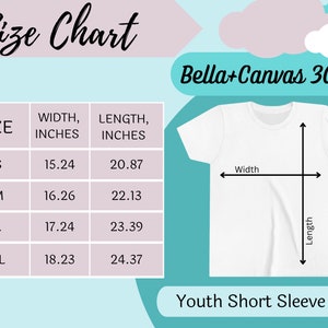 Puede incluir: Una tabla de tallas para una camiseta de manga corta juvenil, con medidas en pulgadas. La tabla incluye las tallas S, M, L y XL, con las medidas de ancho y largo correspondientes. La camiseta es blanca y la marca es Bella+Canvas 3001Y.