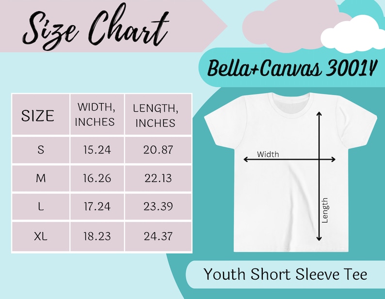 Puede incluir: Una tabla de tallas para una camiseta de manga corta juvenil, con medidas en pulgadas. La tabla incluye las tallas S, M, L y XL, con las medidas de ancho y largo correspondientes. La camiseta es blanca y la marca es Bella+Canvas 3001Y.
