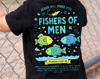 Fishers Of Men Tee , Kids Christian Tshirts , Boys Bible Shirts , Verses Tshirt , Fish Shirt , Matthew 4:18-19