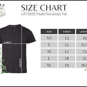May include: Black youth fine jersey tee with a size chart. The size chart includes chest and length measurements in inches for sizes XS to XL. The shirt has the text "SIZE CHART" and "LAT 6101 Youth Fine Jersey Tee".