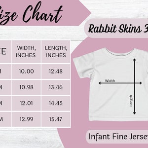 May include: Size chart for infant fine jersey tees from Rabbit Skins, showing measurements in inches for sizes 6M, 12M, 18M, and 24M.