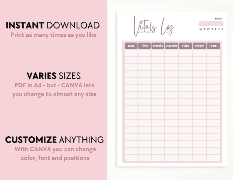 Printable Vital Sign Sheet Vitals Tracker Nursing Vitals - Etsy