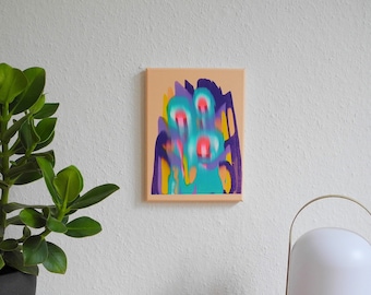 May include: Abstract painting on canvas with a light peach background. The painting features a variety of colors, including purple, blue, yellow, and pink. The painting is framed in a light wood frame.