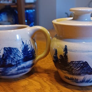 Vintage Paul Storie or P. R. Storie Pottery Creamer & Sugar w/Lid, Salt Glaze w/Blue Design, Marshall, TX, 10 Oz Cap