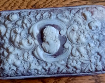 Vintage Incolay Stone Trinket Box: Cameo & Floral Design, Purple