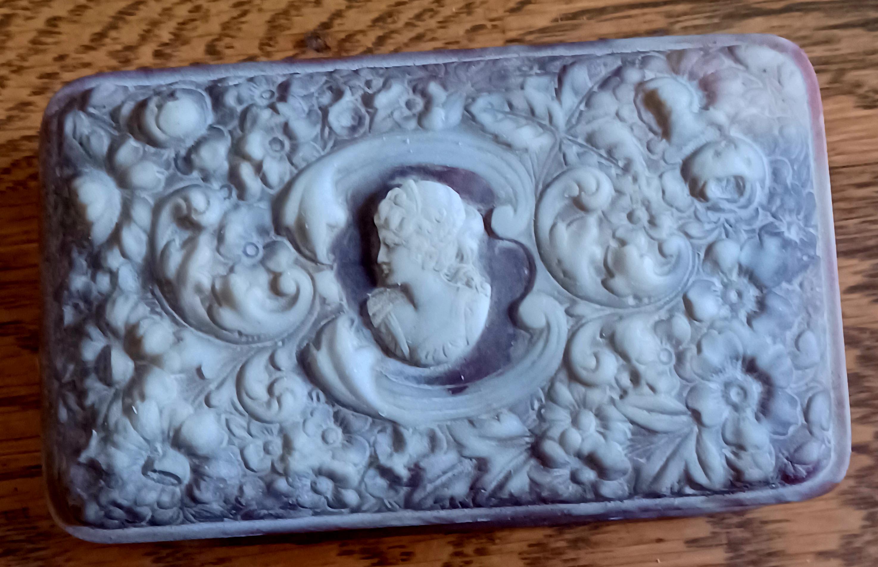 Vintage Incolay Stone Trinket Box: Cameo & Floral Design, Purple