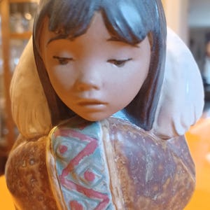 May include: A ceramic figurine of a young person with dark hair and a serene expression. The figure wears a coat with a white fur collar and a patterned design in blue and red. The figurine is a warm brown color.