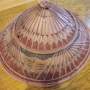 Vintage Painted Bamboo Coolie Hat: Asian Conical Straw Hat, 15&quot;