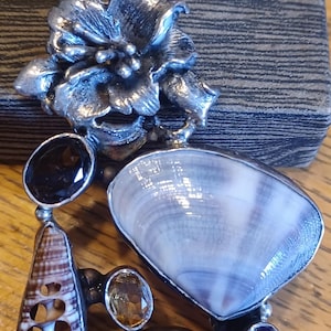 Vintage Pendant of Sterling Silver, Natural Shells & Gemstones, 2.75" x 1.5"