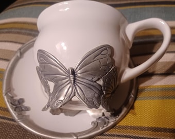Two Vintage Arthur Court for Neiman Marcus Tea Cups & Saucers, Pewter Butterfly Design on Base and  Edging on Saucer, Set of 2
