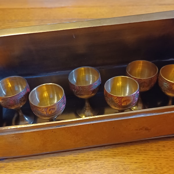 Vintage Boxed Brass Cordial Set, Made in India