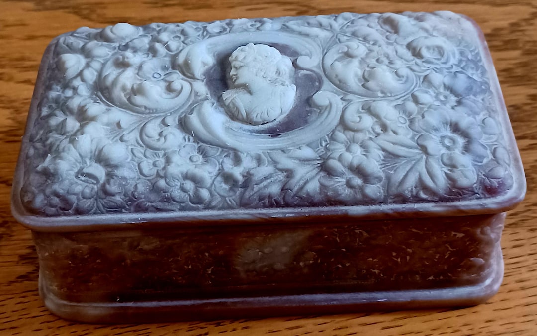 Vintage Incolay Stone Trinket Box: Cameo & Floral Design, Purple
