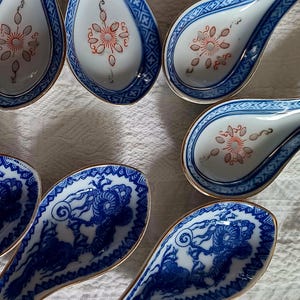 Vintage Chinese Soup Spoons Set: Dragon & Floral Design, Gold Trim