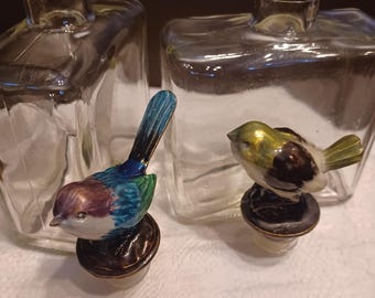 Vintage set of Two Rectangular Glass Perfume Bottles with Cellini Italy Hand Painted Bird Stoppers