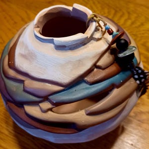 Signed Steven Kaye Hand-Thrown Pottery Vessel, Southwest Vase, Burnished Gold and Teal, Feather Charm with Turquoise Bead, 5.5&quot; x 6.5&quot;