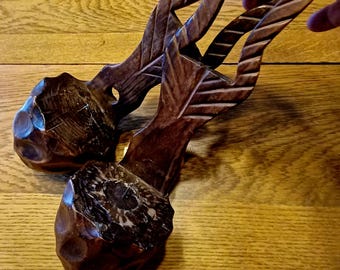 Vintage Hand Carved Wooden Candle Holders: Medieval Brutalist Decor, 11.25" x 3"