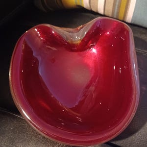 Vintage Handblown Murano Glass Bowl: Red & Gold Accent, Heart Shaped