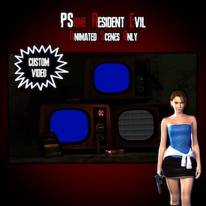 Puede incluir: Una escena de videojuego con una mujer con un top azul y una falda negra de pie frente a tres televisores antiguos. Los televisores están apilados uno encima del otro y tienen pantallas azules. El texto "PSone Resident Evil Animated Scenes Only" se muestra en la parte superior de la imagen.