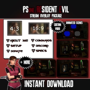 May include: A digital overlay package for streaming video games, featuring a red and black colour scheme with the text "PSOne Resident Evil Stream Overlay Package". The package includes animated scenes, custom video, and a variety of other features.