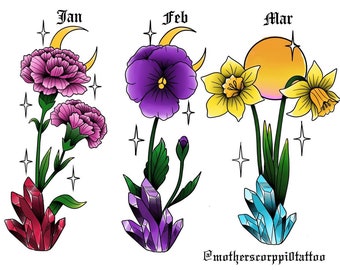 Birth month flowers and crystals print choose your month