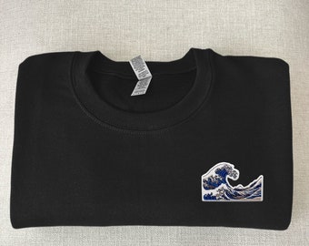 Great Wave Off Kanagawa Crewneck, Embroidered pullover, Asian Streetwear, Gyaru, Gifts for her or him, Big Wave, Japan Streetwear