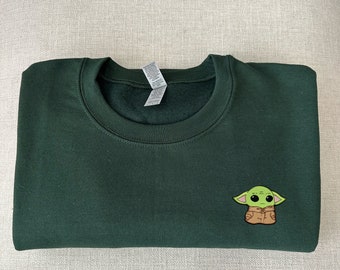Baby Yoda Crewneck Sweatshirt, Embroidered sweater, Star Wars clothing, gifts for him, Green Yoda pullover sweater, Starwars fans