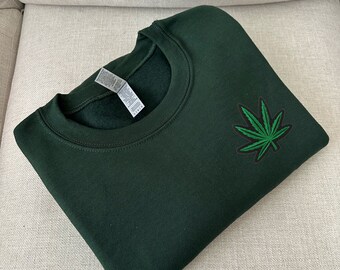 Weed Leaf Crewneck Sweatshirt, Embroidered sweater, ganja, kush, greens, Marijuana leaf sweater, gifts for him or her, pot leaf