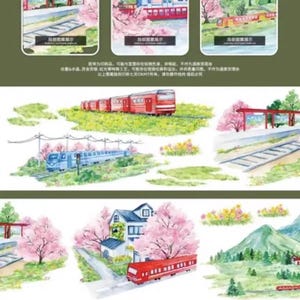 Ruban adhésif Washi Sakura Train printanier vintage, 100 cm pour la fabrication de cartes, plan de scrapbooking à faire soi-même Sticker décoratif | Echantillon SEULEMENT