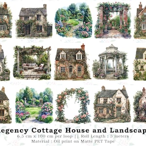 Huizen en landschap van Regency Cottages | Matte PET-tape | Kristal | Dagboek | Kaarten maken | Lus van 100 cm of rol van 5 meter