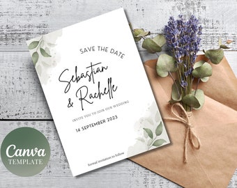 Wedding Invitation Template, Minimalist Greenery Save The Date, 5x7 Canva Wedding Invitation Template