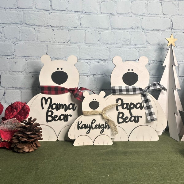 Personalized Wooden Mama Bear/Papa Bear/Baby Bear | Custom Decorative Wooden Bears with Children Names | Christmas Polar Bear Shelf Sitter