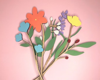 Wooden Wildflowers | Painted Wooden Spring Flowers | Wooden Flower Bouquet