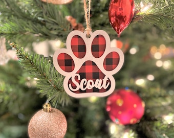 Custom Dog Paw Ornament | Personalized Dog Ornament | Pet Paw Print Christmas Ornament | Plaid Pattern Dog Ornament