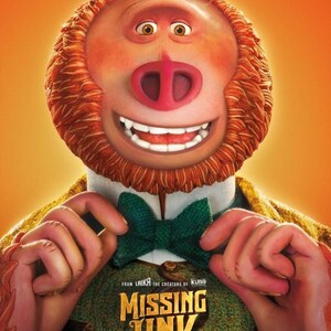 May include: Movie poster for "Missing Link" featuring a large, smiling animated character with a pink nose and red hair. The title "Meet Mr. Link" is at the top, with the movie title and release date at the bottom.