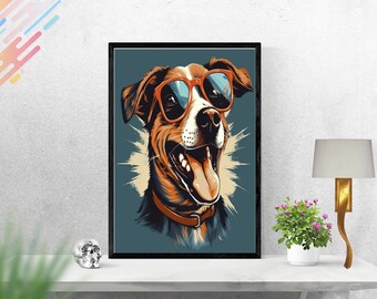 Puede incluir: Una ilustración digital de un perro marrón y blanco con gafas de sol azules. El perro tiene la lengua fuera y sonríe. El fondo es un diseño abstracto azul y blanco.