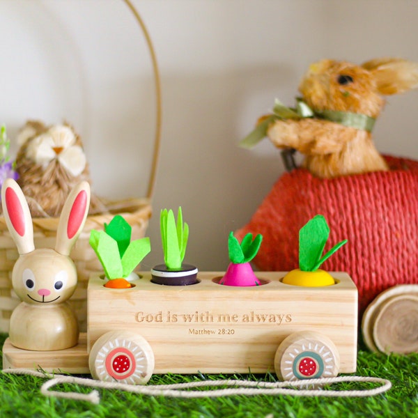 Pull-Along Bunny - Wooden Puzzle, Catholic Toy,  Educational Toy, Nursery Decor, Religious Baby Gift,  Montessori Baby Toy