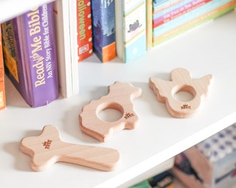 Kristna/katolska träbitringar för baby - ängel, kors, lamm, set med 3 - trä, Montessori, sensorisk, kristen, katolsk, leksak, träleksak,