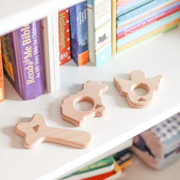 Christian / Catholic Wooden Baby Teethers - Angel, Cross, Lamb Set of 3 - Wooden, Montessori, Sensory, Christian, Catholic, Toy, Wooden Toy,