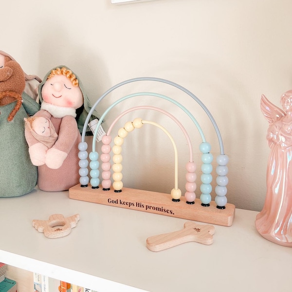 God’s Promise Wooden Rainbow Abacus - Catholic Toy, Christian Baby, Educational Toy, Nursery Decor, Baptism, Baby Shower, Montessori Toy