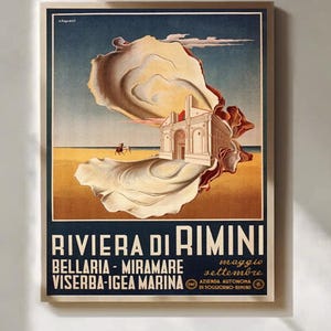 May include: Vintage travel poster for Riviera di Rimini, Italy, featuring a stylized illustration of a building with a shell-like design. The poster includes text in Italian, with the words "Riviera di Rimini" prominently displayed.