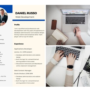 May include: A web developer's CV for Daniel Russo, featuring a photo, education, skills, and experience details. The layout includes images of laptops, notebooks, and hands using computers, indicating a focus on web development and design.