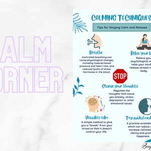 5 Calming techniques - Calm Down Corner Posters Print Educational Wall Art Printable for Set Kids Classroom Preschool Toddler Homeschool