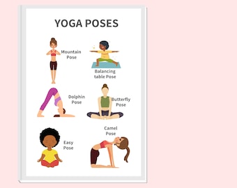 May include: A framed print titled "YOGA POSES" featuring illustrations of various yoga positions. The poses include Mountain Pose, Balancing Table Pose, Dolphin Pose, Butterfly Pose, Easy Pose, and Camel Pose. The illustrations show people in different yoga positions.