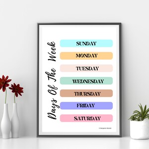 Days of the Week Printable, Learning the Seven Days of the Week, School Wall Decorations Poster for Kids