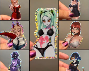 May include: A set of nine holographic stickers featuring various anime characters. The stickers are printed on a clear background with a holographic finish. The characters are depicted in various poses and expressions.