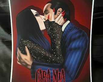 Spooky Halloween posters and home decor Addams family Morticia and Gomez Addams Cara Mia print earrings and sticker options