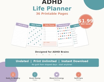 ADHD Planner Printable Bundle | ADHD Daily Planner | ADHD Life Planner | Brain Dump | Habit Tracker | Mood Tracker | Instant Download pdf