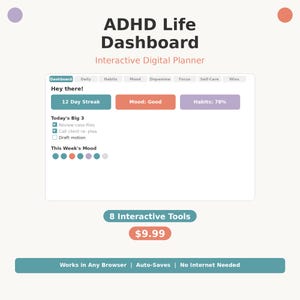 Könnte beinhalten: Digitales ADHD Life Dashboard-Planer mit interaktiven Tools. Die Oberfläche zeigt eine 12-Tage-Serie, Stimmung und Gewohnheitsverfolgung. Enthält einen Abschnitt für tägliche Aufgaben und einen Stimmungs-Tracker. Der Planer funktioniert in jedem Browser und speichert automatisch.
