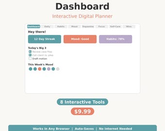 ADHD Dashboard Planner App | ADHD Habit Tracker | Mood Tracker | Focus Timer | Dopamine Menu | Brain Dump | Self Care | Digital Download